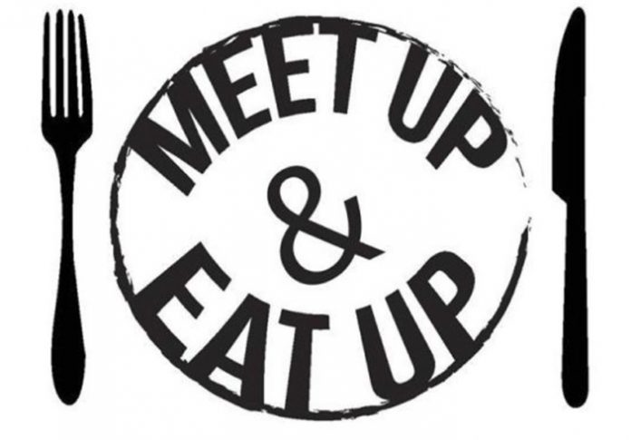 Meet up and eat up on plate with fork and knife