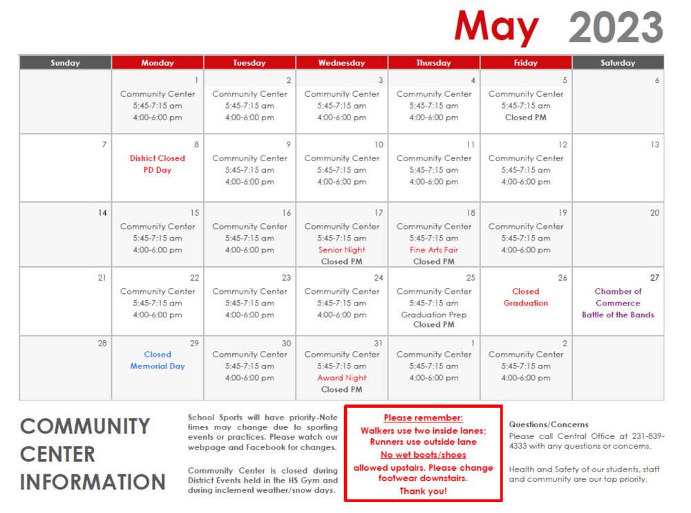Community Center calendar for May 2023