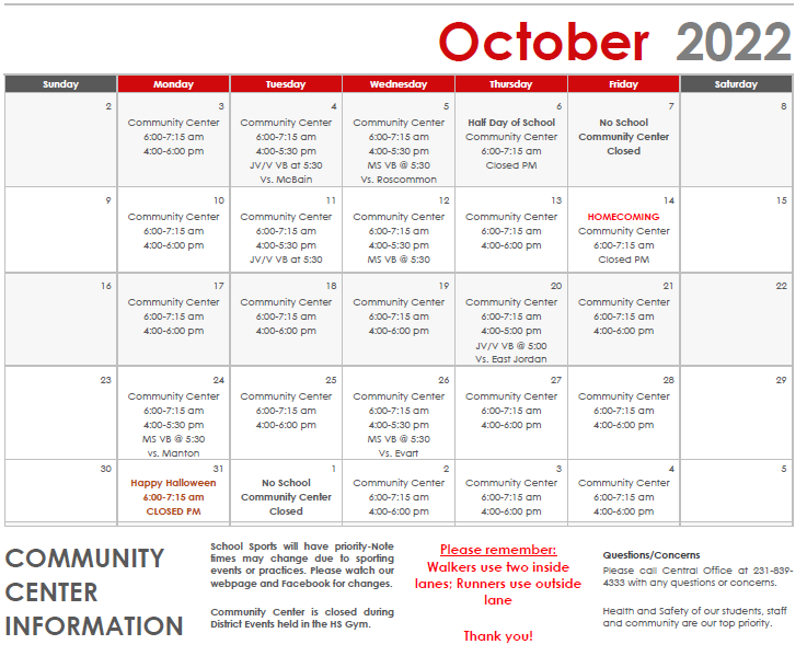 Community Center Calendar